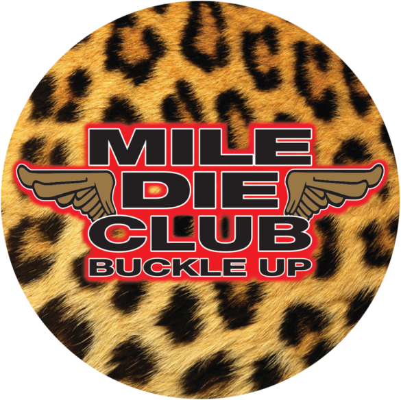 Mile Die Club Logo on Leopard Print Background