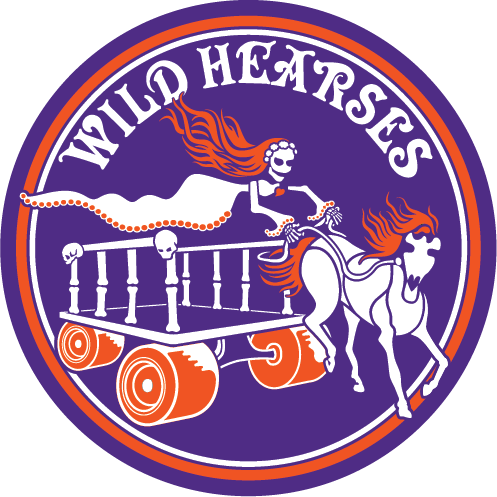 Wild Hearses logo in purple and orange of a ghost controlling a hearse cart pulled by a skeleton horse
